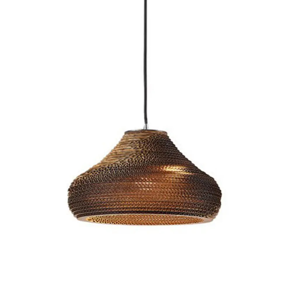 Rustic Brown Corrugated Paper Pendant Light For Dining Room - Globe/Oval/Vase Design / Hat