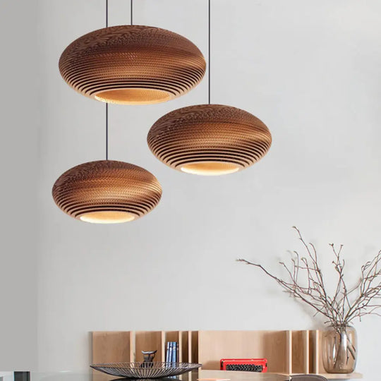 Rustic Brown Corrugated Paper Pendant Light For Dining Room - Globe/Oval/Vase Design / Saucer