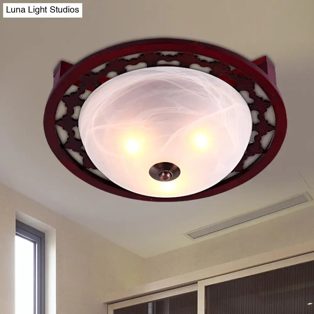 Rustic Brown Dome Flush Mount Lighting With Frosted Glass - 3-Light Wood Design Close-To-Ceiling