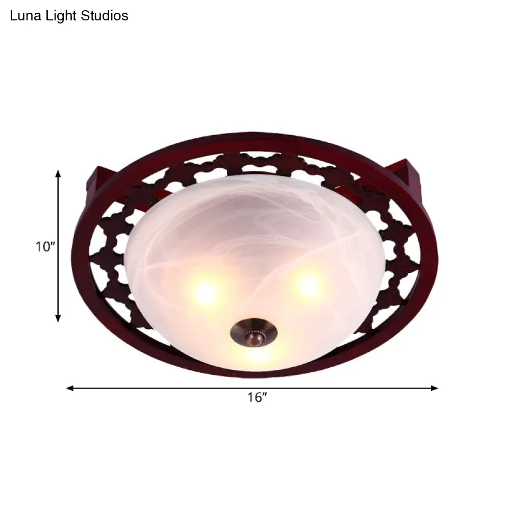 Rustic Brown Dome Flush Mount Lighting With Frosted Glass - 3-Light Wood Design –