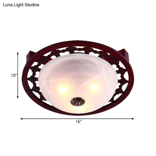 Rustic Brown Dome Flush Mount Lighting With Frosted Glass - 3-Light Wood Design –