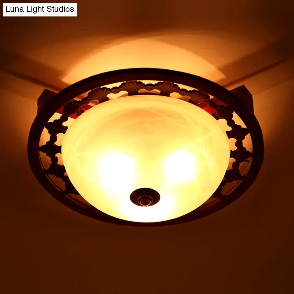 Rustic Brown Dome Flush Mount Lighting With Frosted Glass - 3-Light Wood Design Close-To-Ceiling