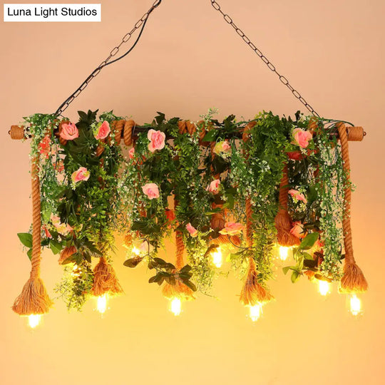 Rustic Brown Hemp Rope Island Light With 10 Exposed Bulbs Plant Decoration