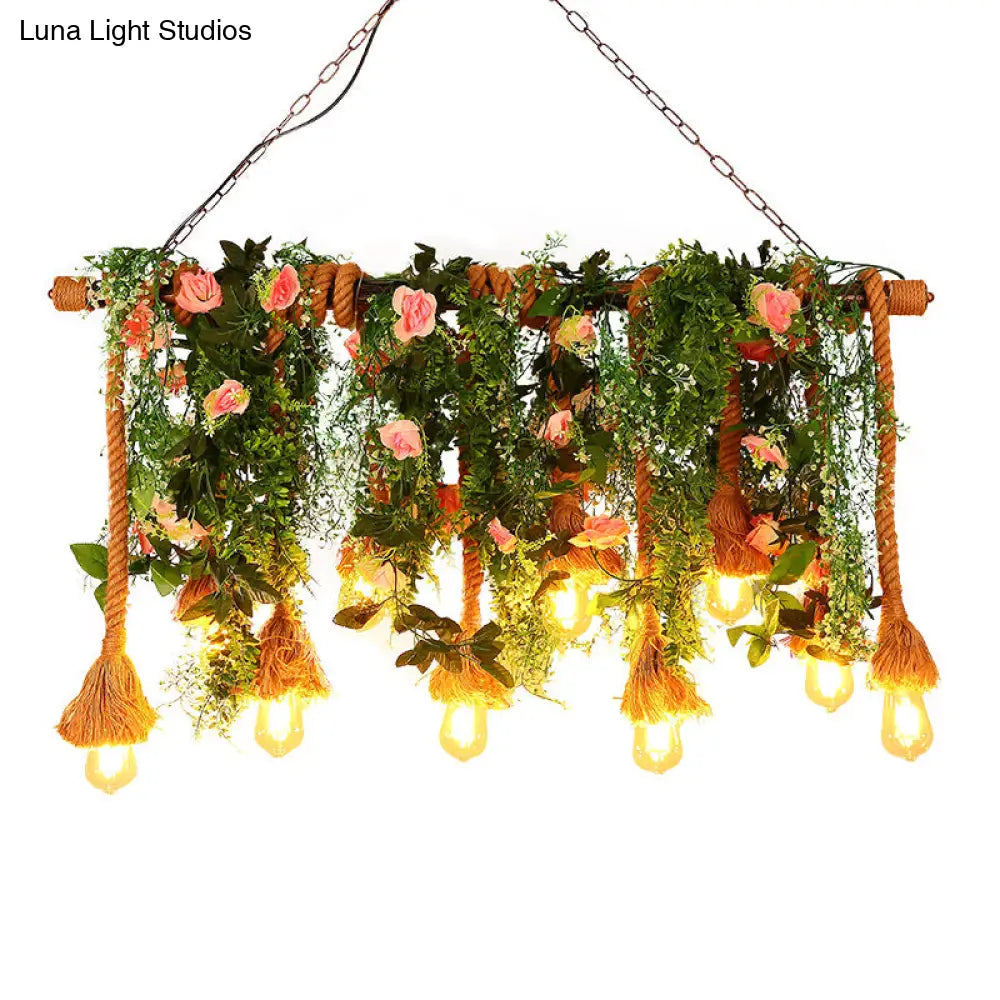 Rustic Brown Hemp Rope Island Light With 10 Exposed Bulbs Plant Decoration