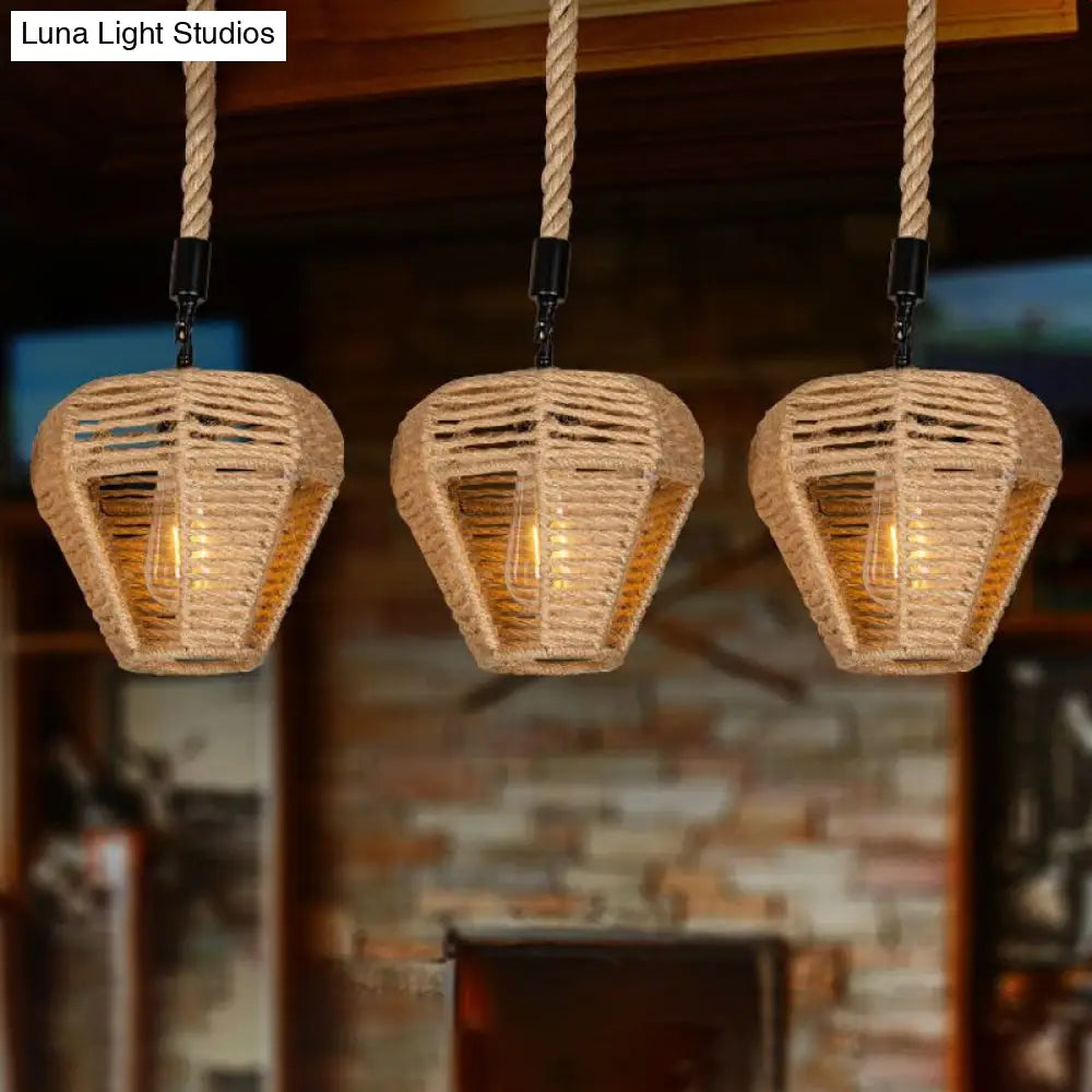 Rustic Brown Hemp Rope Multi Pendant Light Fixture With Inverted Droplet Design - 3/6-Light