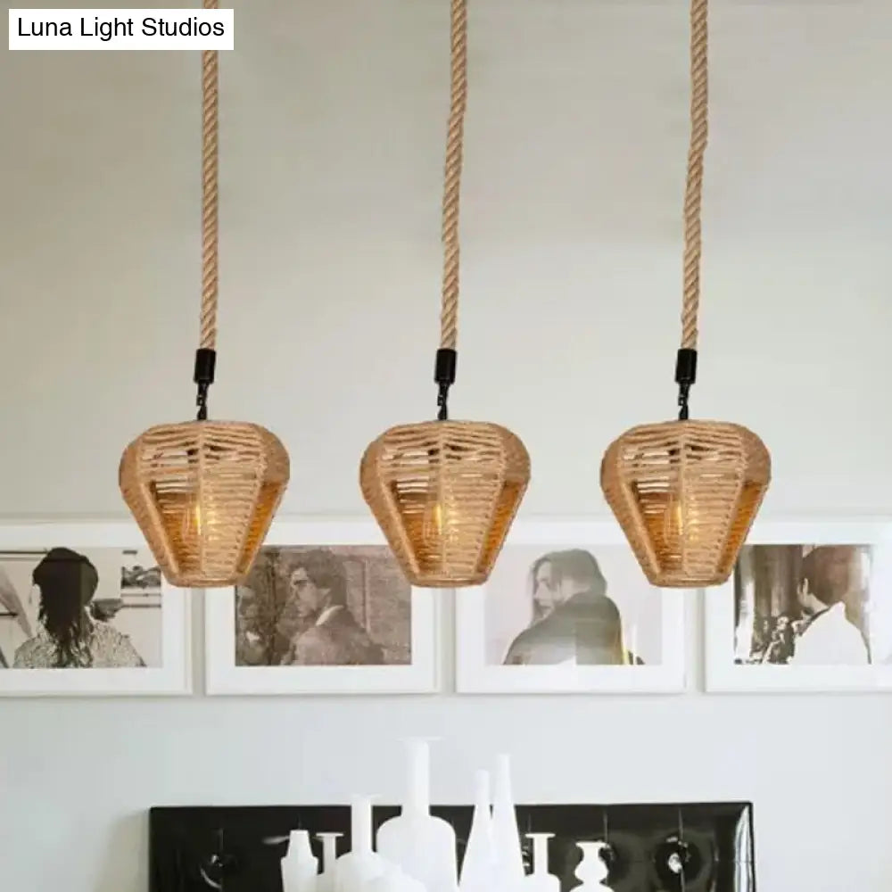 Rustic Brown Hemp Rope Pendant Light Fixture With Inverted Droplets - Multi-Light Option