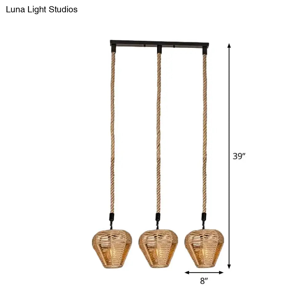 Rustic Brown Hemp Rope Multi Pendant Light Fixture With Inverted Droplet Design - 3/6-Light