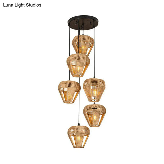 Rustic Brown Hemp Rope Multi Pendant Light Fixture With Inverted Droplet Design - 3/6-Light