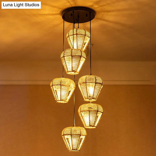 Rustic Brown Hemp Rope Multi Pendant Light Fixture With Inverted Droplet Design - 3/6-Light