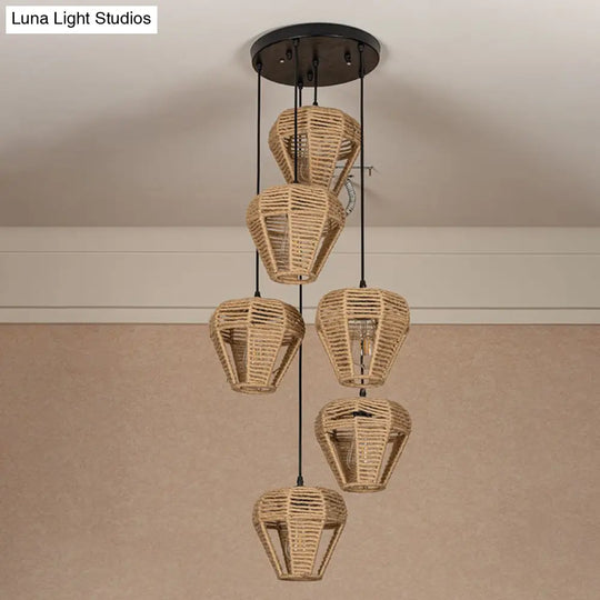 Rustic Brown Hemp Rope Pendant Light Fixture With Inverted Droplets - Multi-Light Option