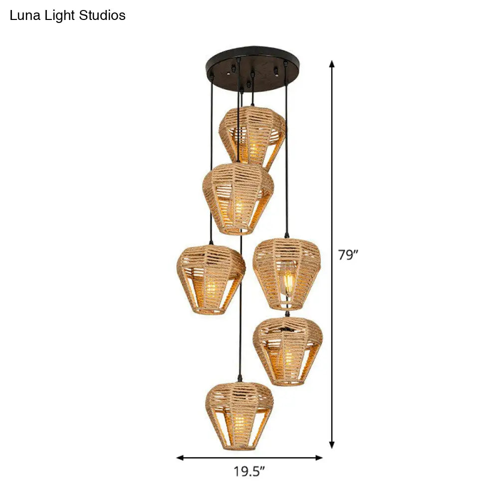 Rustic Brown Hemp Rope Multi Pendant Light Fixture With Inverted Droplet Design - 3/6-Light