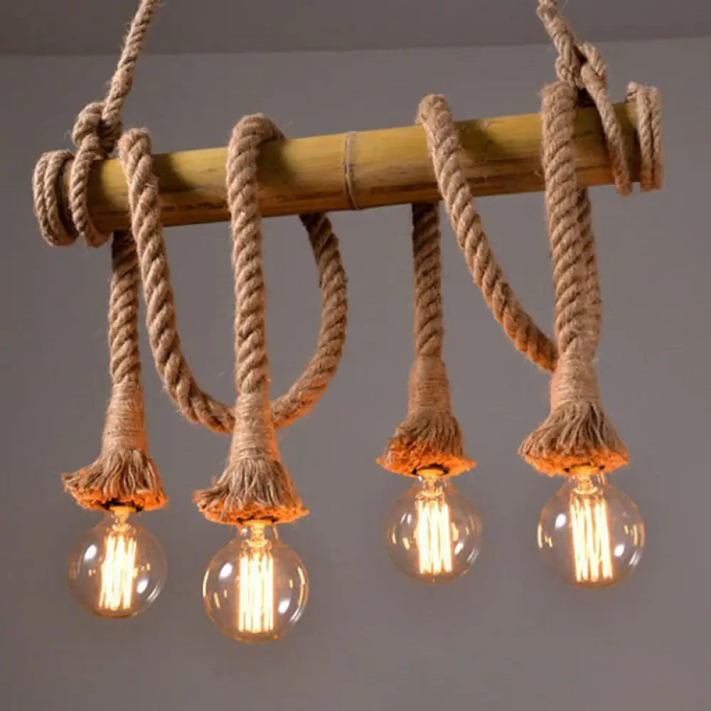 Rustic Brown Island Pendant Light With Rope And Bamboo Pole 4 /