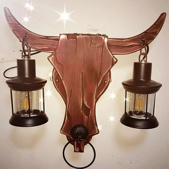 Rustic Brown Lantern Wall Sconce With Clear Glass And Wood Backplate 2 /