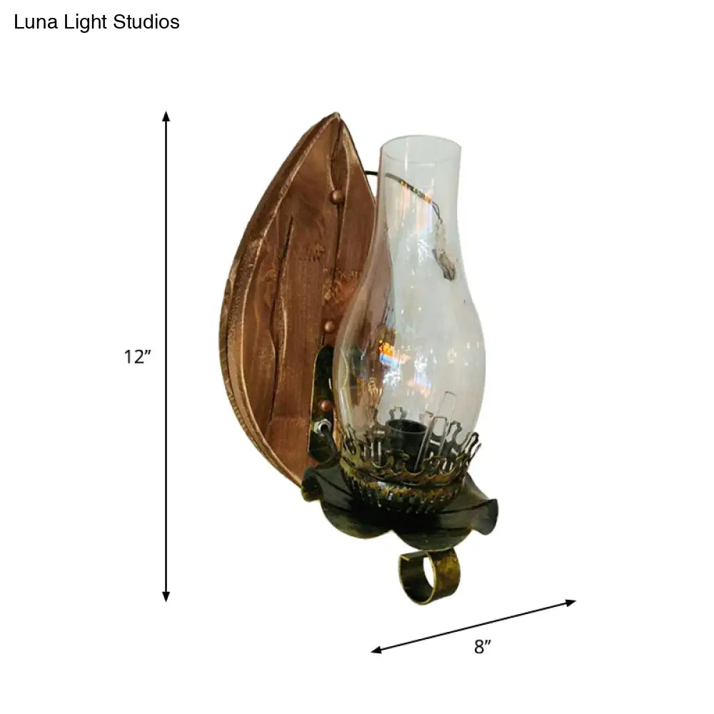 Rustic Brown Lantern Wall Sconce With Clear Glass And Wood Backplate