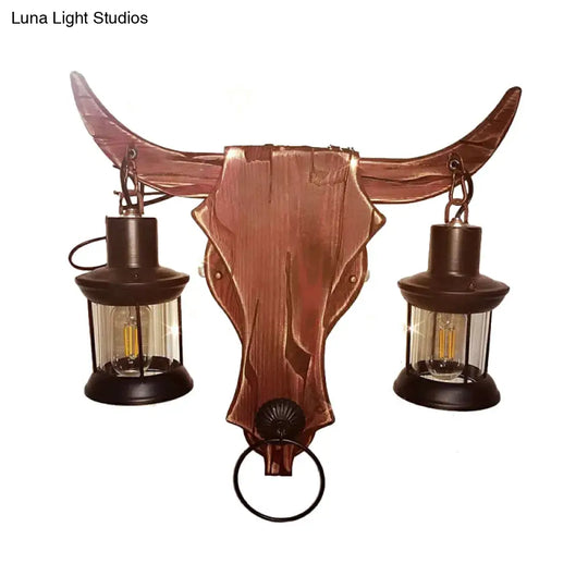 Rustic Brown Lantern Wall Sconce With Clear Glass And Wood Backplate