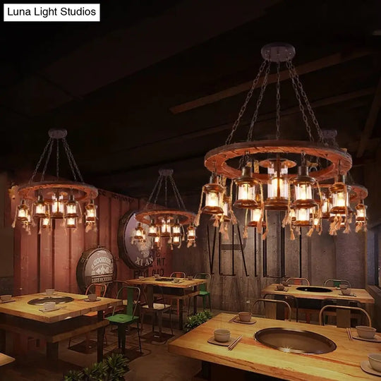 Rustic Brown Metal Pendant Light Fixture With Wood Ring Deco - 9-Light Chandelier For Restaurants