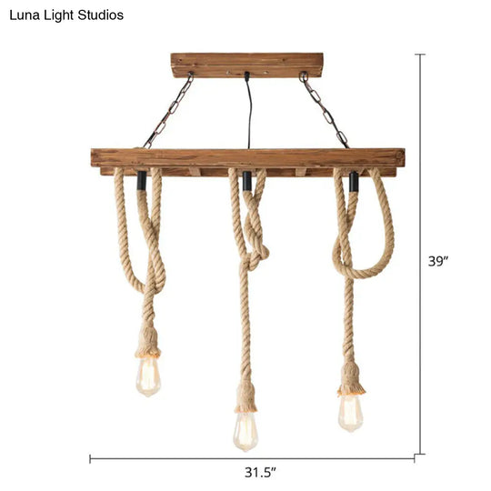 Rustic Restaurant Pendant Light Fixture - Naked Bulb Roped Suspension Lamp In Brown / Rectangle