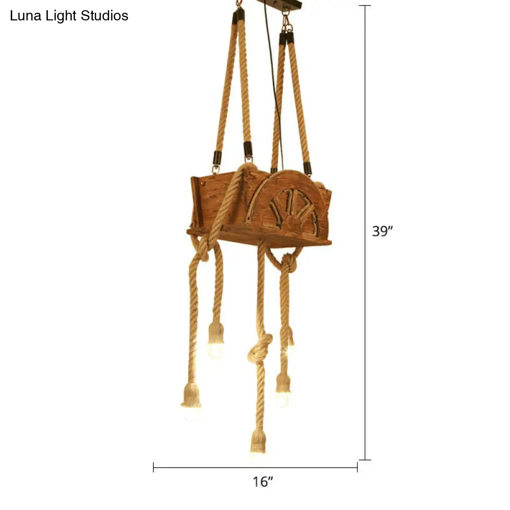 Rustic Restaurant Pendant Light Fixture - Naked Bulb Roped Suspension Lamp In Brown / Wheel