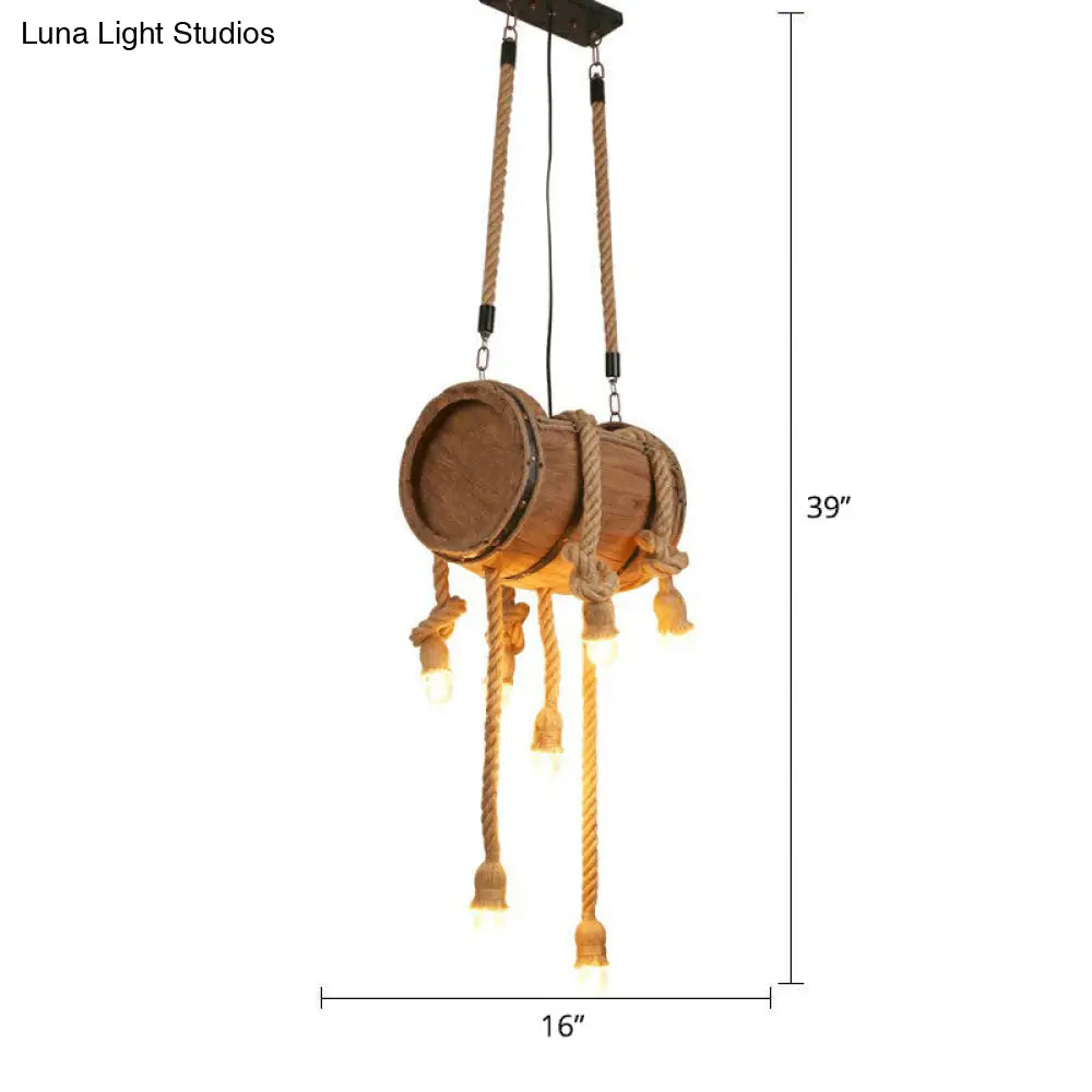 Rustic Restaurant Pendant Light Fixture - Naked Bulb Roped Suspension Lamp In Brown / Long Column