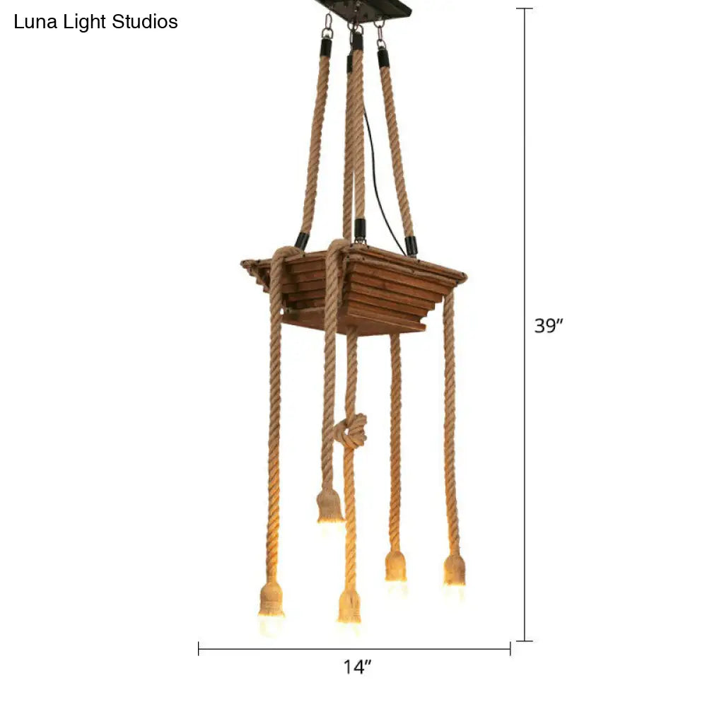 Rustic Restaurant Pendant Light Fixture - Naked Bulb Roped Suspension Lamp In Brown / Square Plate