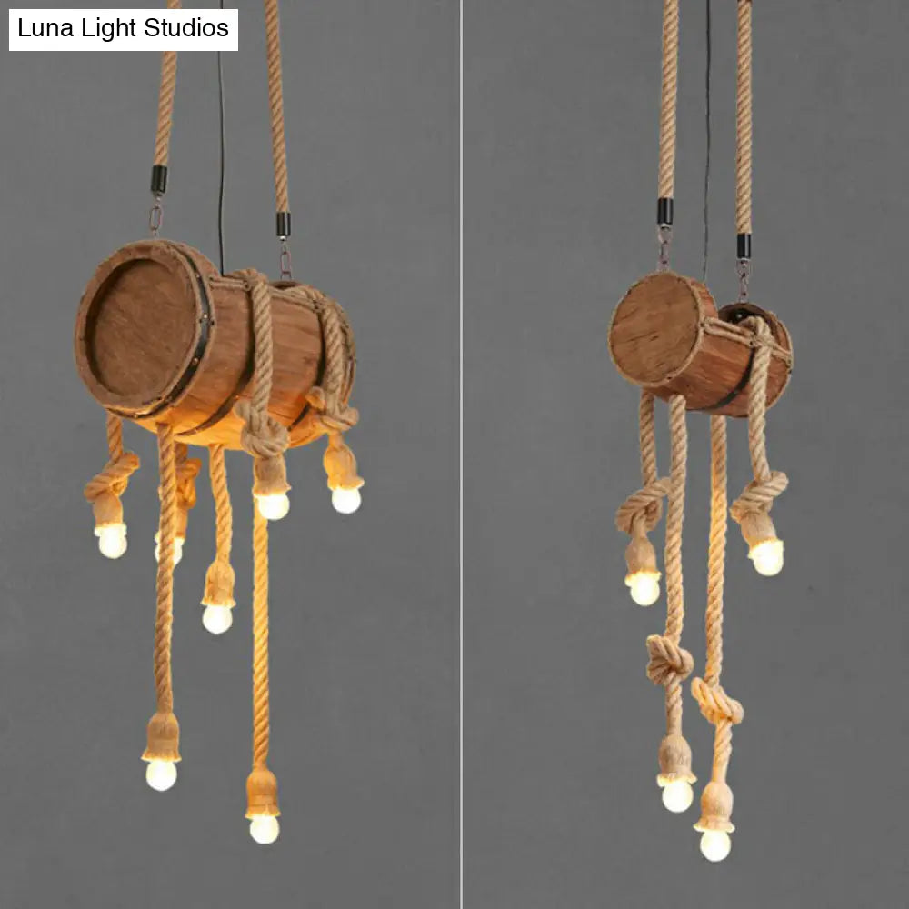Rustic Restaurant Pendant Light Fixture - Naked Bulb Roped Suspension Lamp In Brown