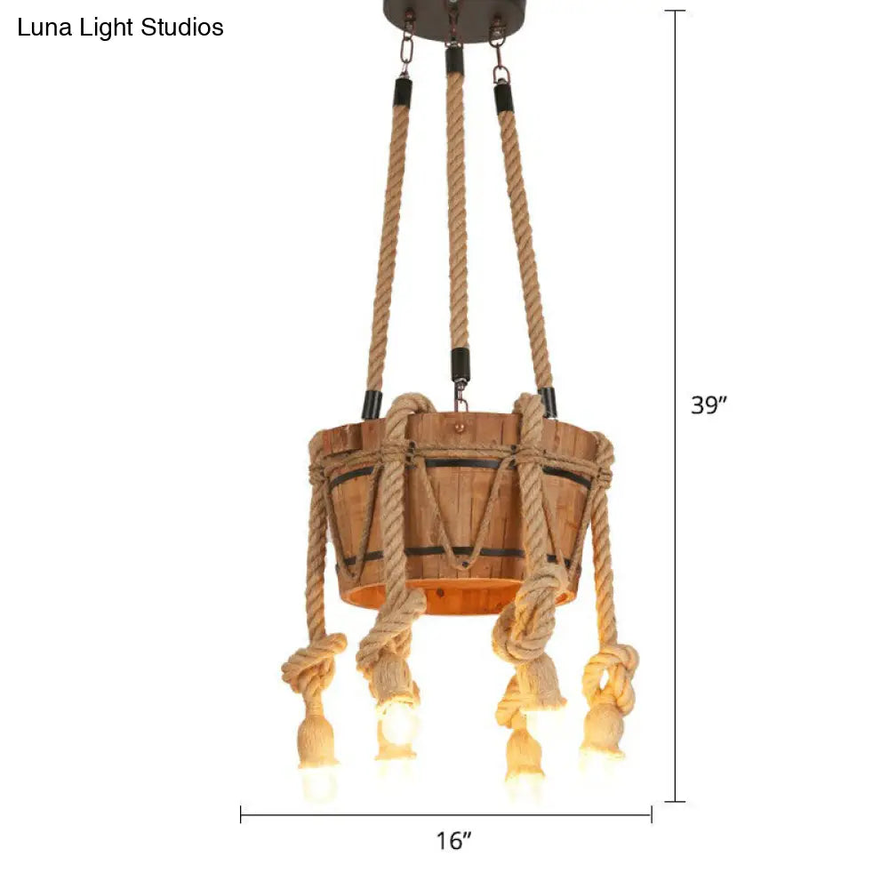 Rustic Restaurant Pendant Light Fixture - Naked Bulb Roped Suspension Lamp In Brown / Barrel