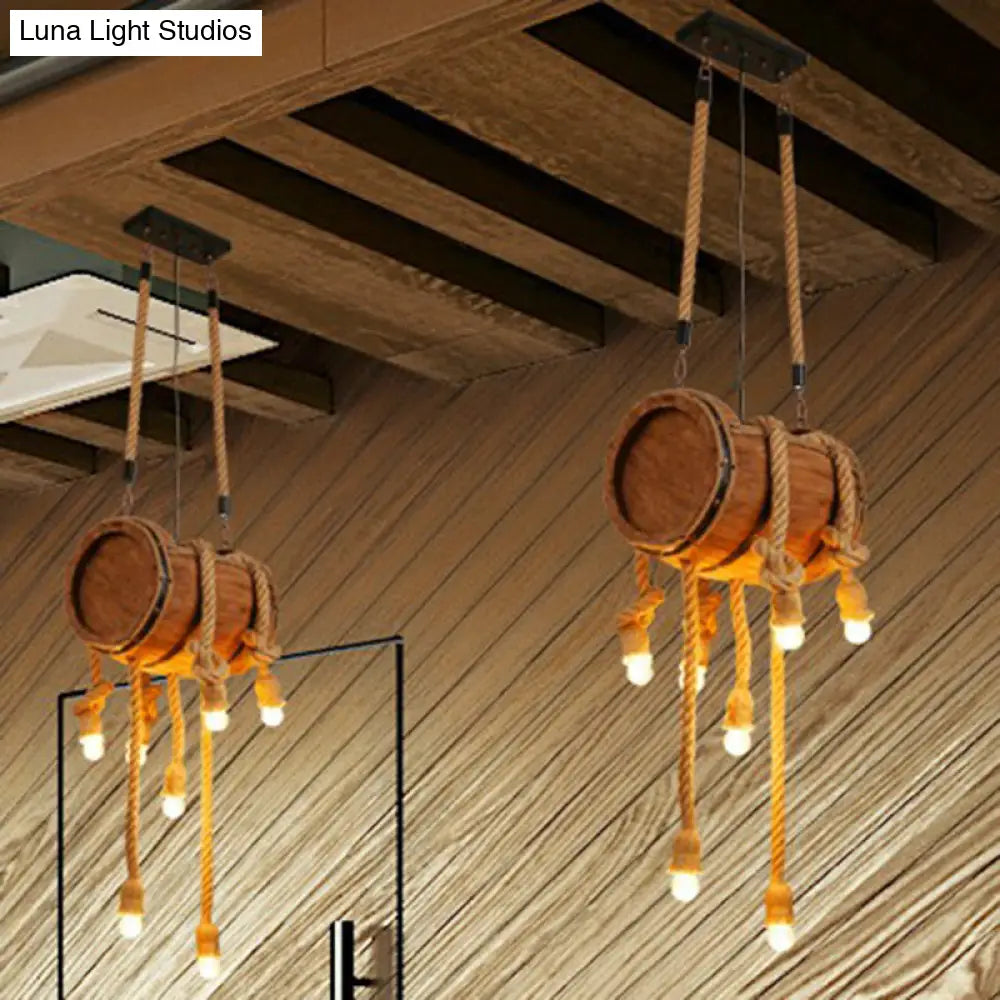 Rustic Restaurant Pendant Light Fixture - Naked Bulb Roped Suspension Lamp In Brown