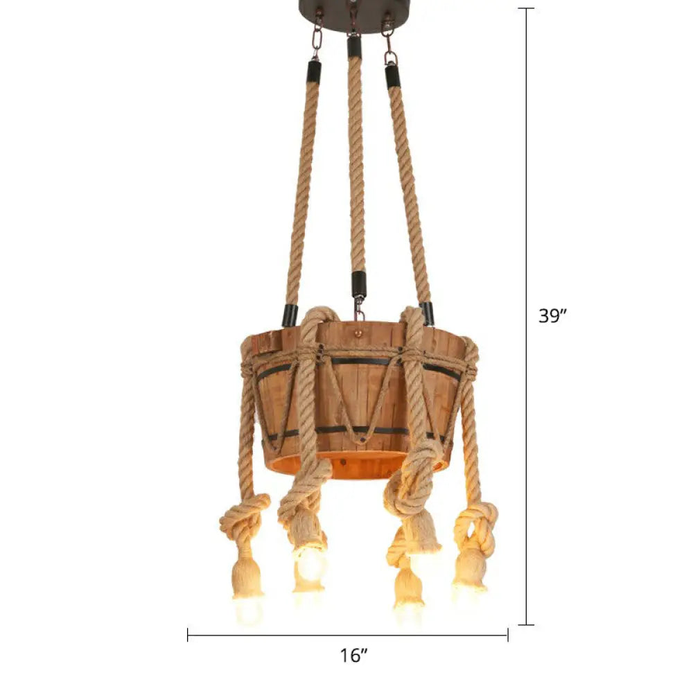 Rustic Brown Naked Bulb Pendant Light - Restaurant Suspension Lamp With Rope Fixture / Barrel
