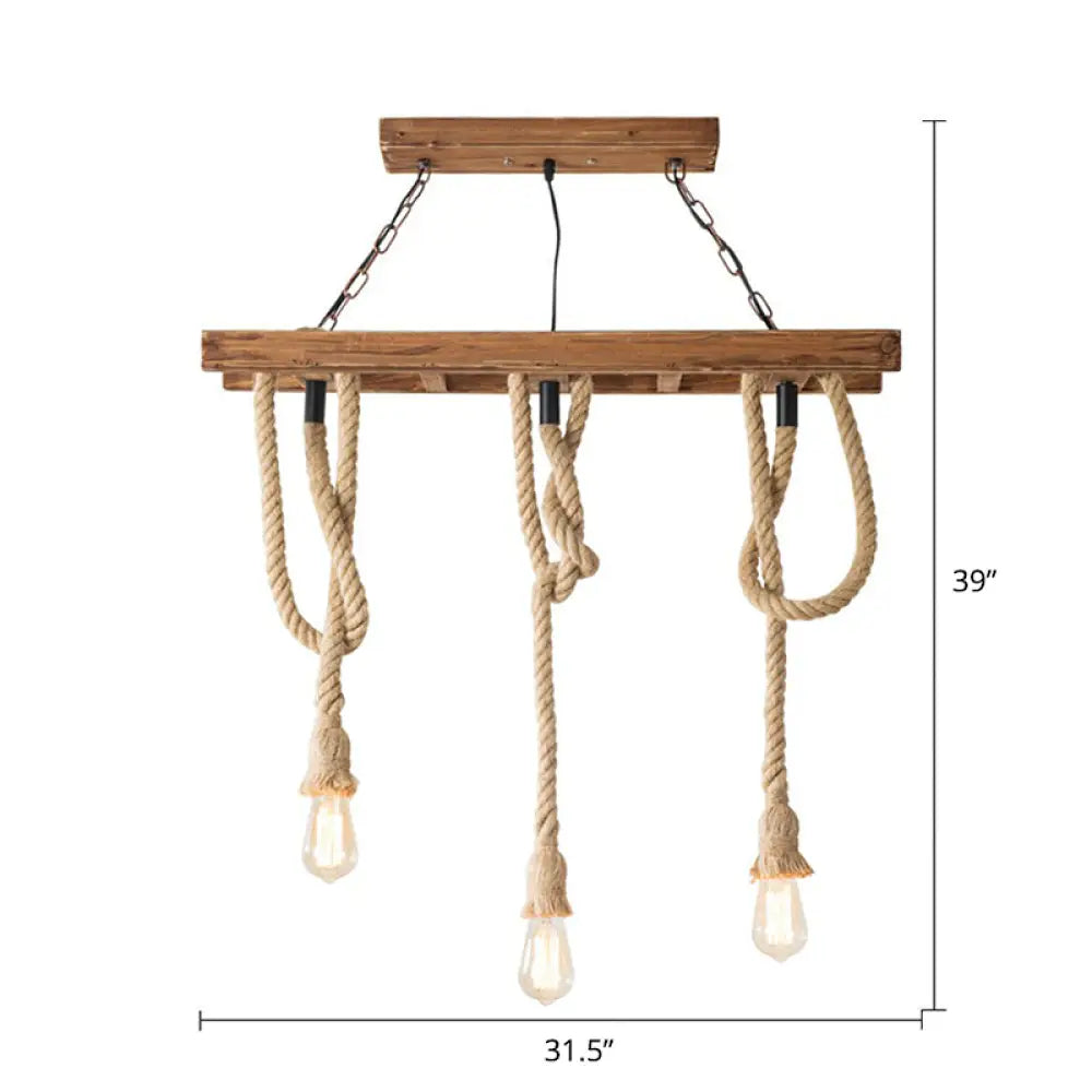 Rustic Brown Naked Bulb Pendant Light - Restaurant Suspension Lamp With Rope Fixture / Rectangle