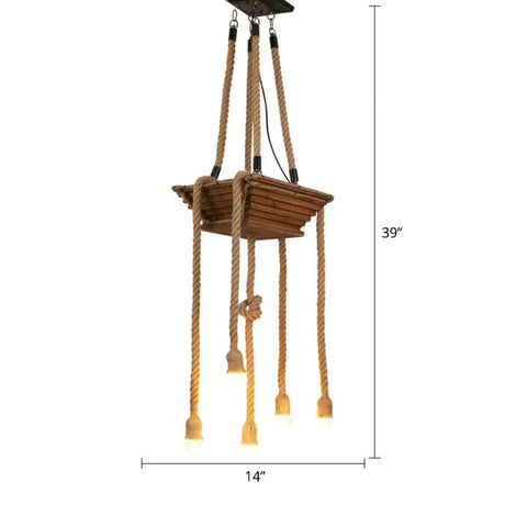 Rustic Brown Naked Bulb Pendant Light - Restaurant Suspension Lamp With Rope Fixture / Square Plate