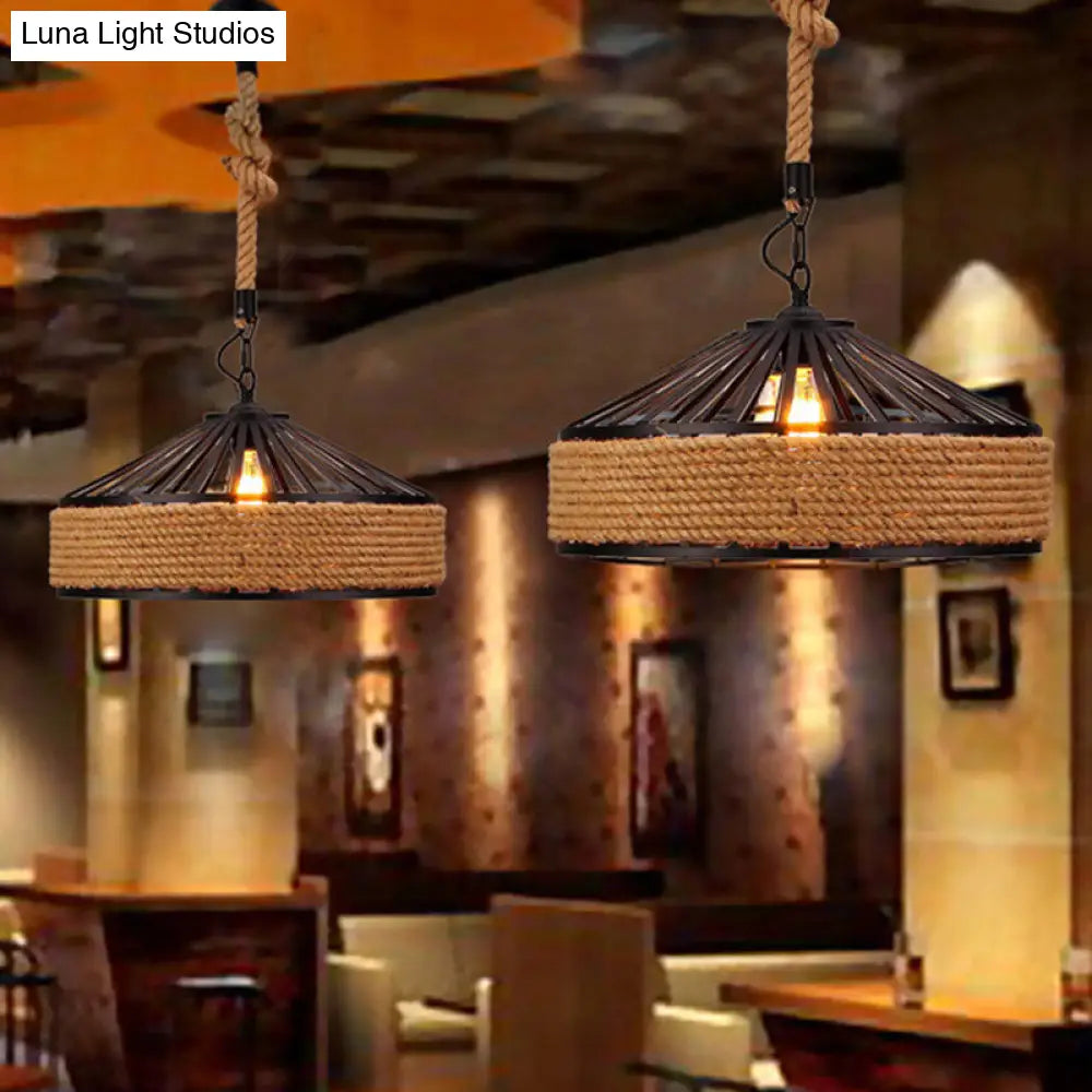 Countryside Roped Barn Pendant Light - Brown 1-Light Ceiling Hanging Fixture For Bistro