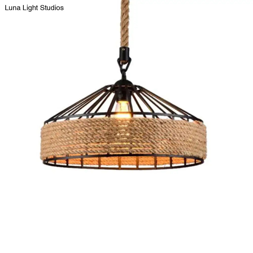 Countryside Roped Barn Pendant Light - Brown 1-Light Ceiling Hanging Fixture For Bistro