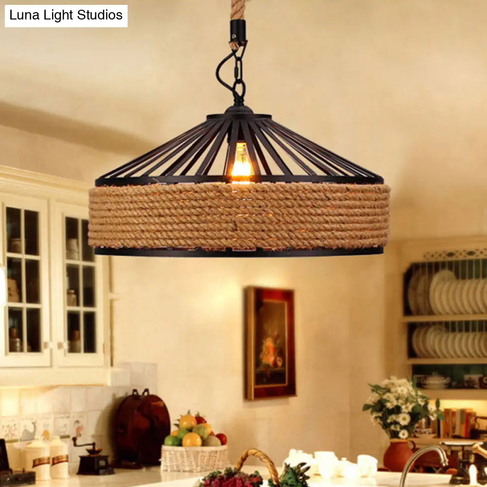 Countryside Roped Barn Pendant Light - Brown 1-Light Ceiling Hanging Fixture For Bistro