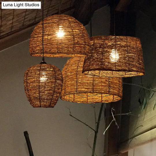 Rustic Brown Rattan Suspension Lamp: Single Pendant Light For Living Room