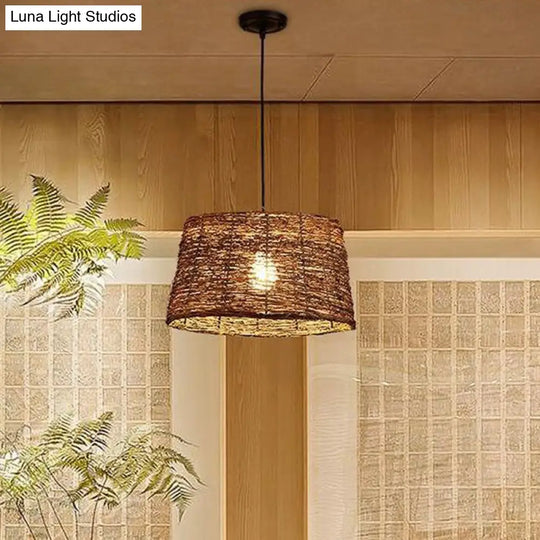 Rustic Brown Rattan Suspension Lamp: Single Pendant Light For Living Room