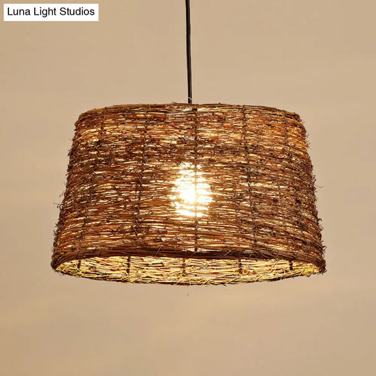 Rustic Brown Rattan Suspension Lamp: Single Pendant Light For Living Room