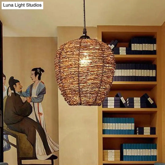 Rustic Brown Rattan Suspension Lamp: Single Pendant Light For Living Room