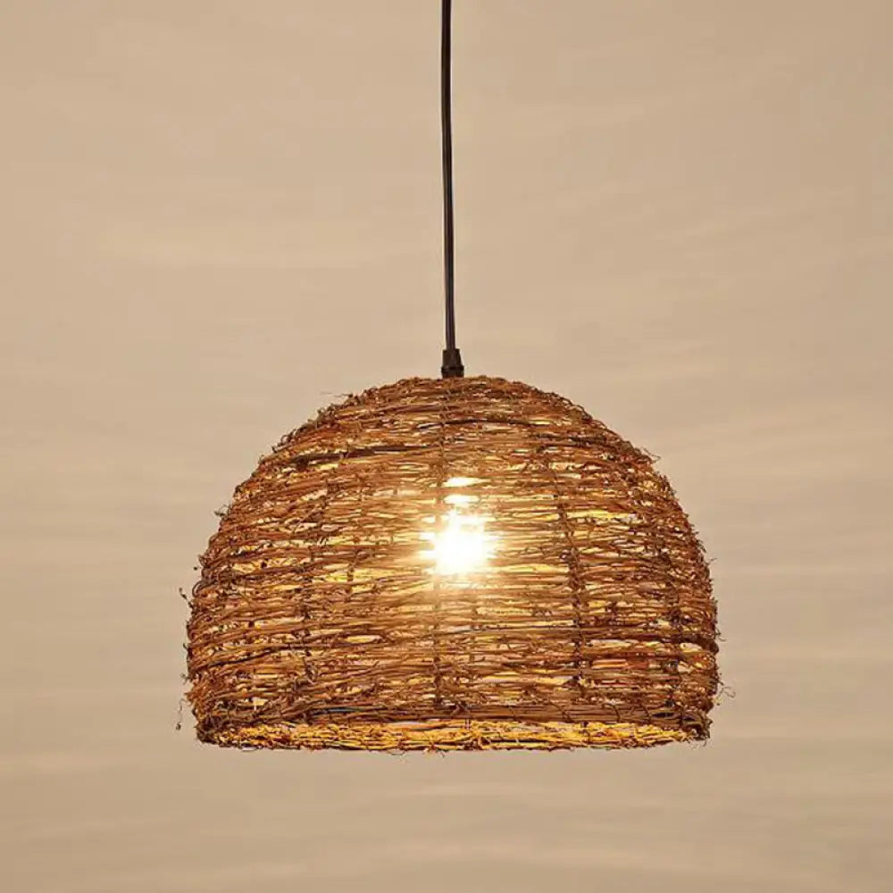 Rustic Brown Rattan Suspension Lamp: Single Pendant Light For Living Room / B