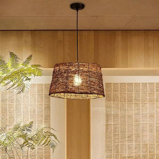 Rustic Brown Rattan Suspension Lamp: Single Pendant Light For Living Room / C