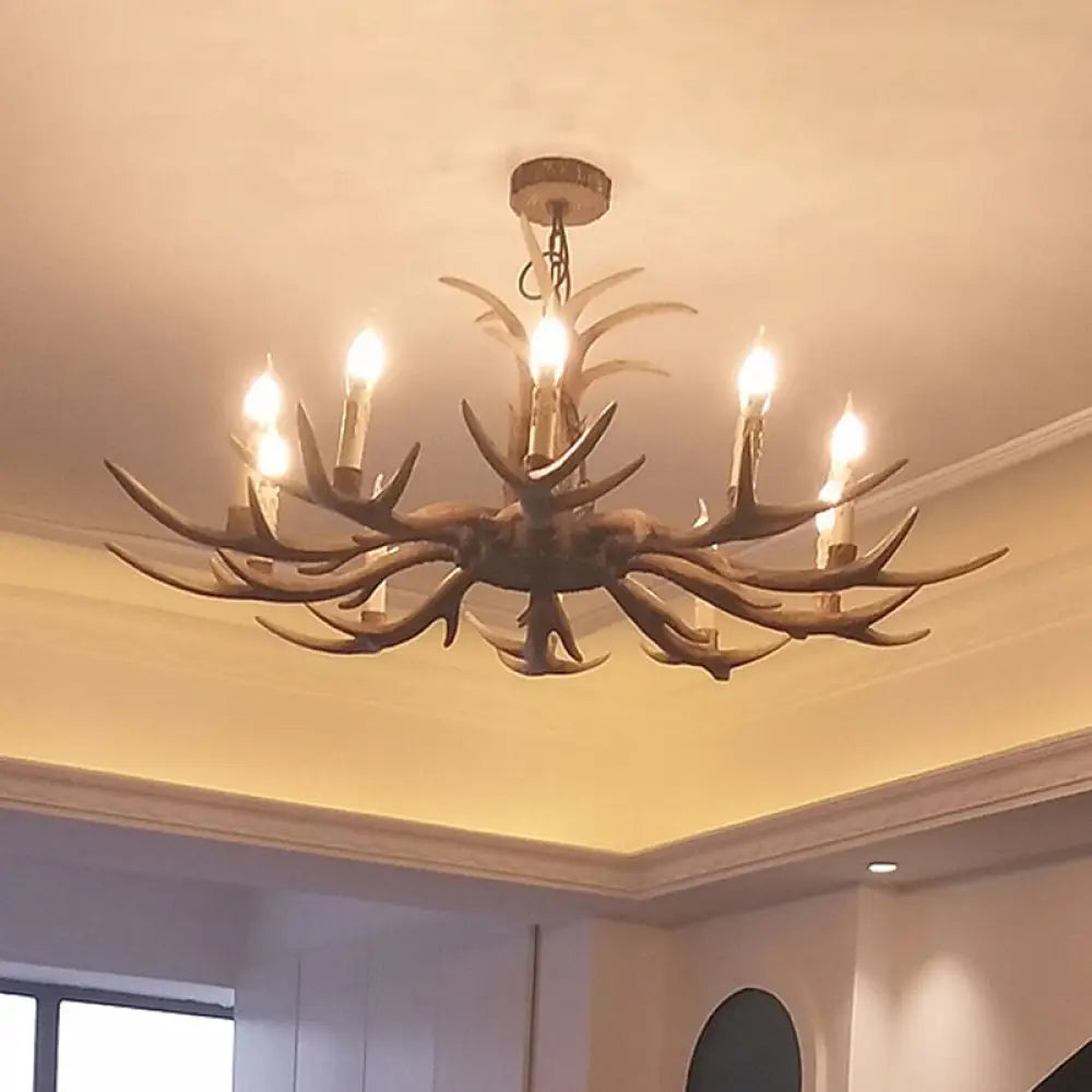 Rustic Brown Resin Antler Chandelier Ceiling Light With Candle Design - Authentic Look 10 / D