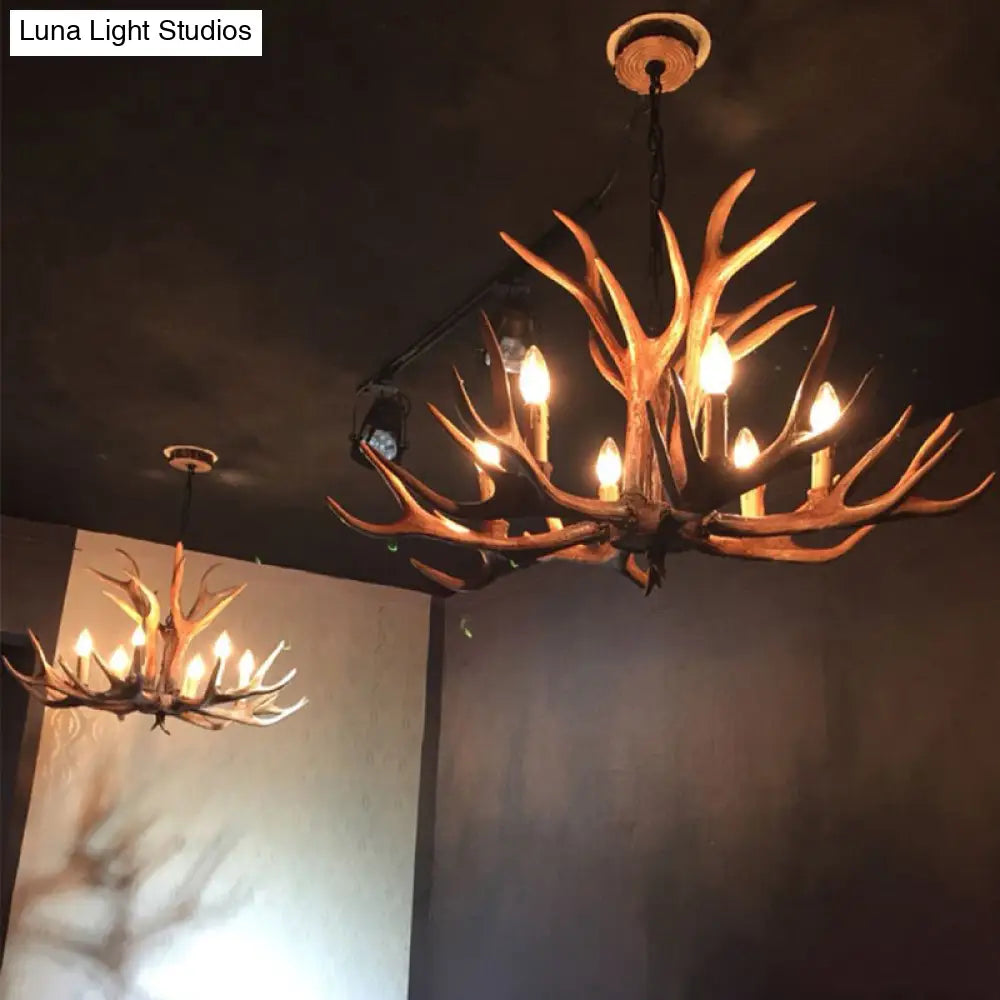 Rustic Brown Resin Antler Chandelier Ceiling Light With Candle Design - Authentic Look