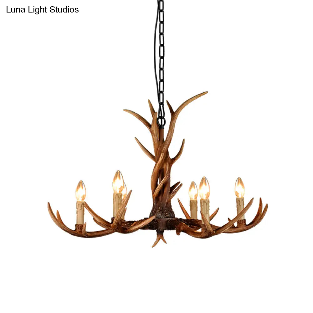 Rustic Brown Resin Antler Chandelier Ceiling Light With Candle Design - Authentic Look