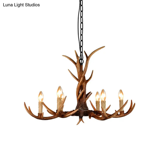 Rustic Brown Resin Antler Chandelier Ceiling Light With Candle Design - Authentic Look