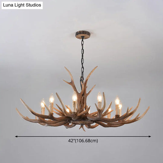 Rustic Brown Resin Antler Chandelier Ceiling Light With Candle Design - Authentic Look