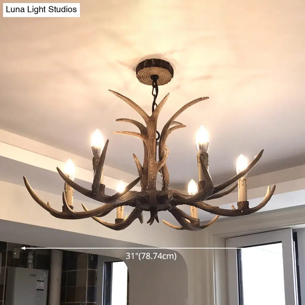 Rustic Brown Resin Antler Chandelier Ceiling Light With Candle Design - Authentic Look