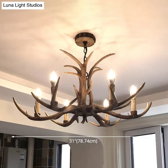 Rustic Brown Resin Antler Chandelier Ceiling Light With Candle Design - Authentic Look