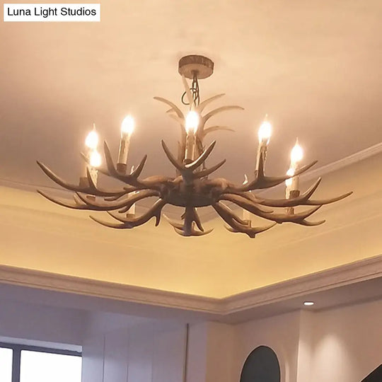 Rustic Brown Resin Antler Chandelier Ceiling Light With Candle Design - Authentic Look