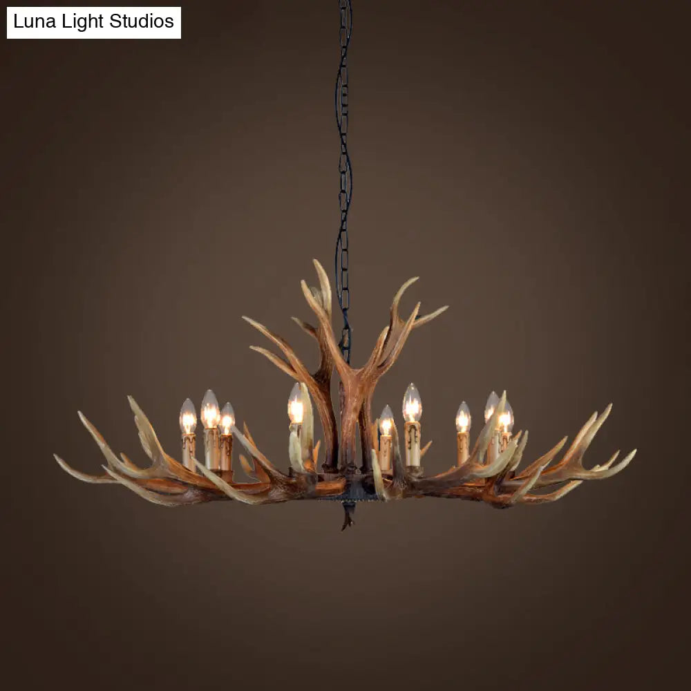 Rustic Brown Resin Antler Chandelier Ceiling Light With Candle Design - Authentic Look