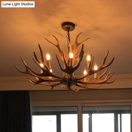 Rustic Brown Resin Antler Chandelier Ceiling Light With Candle Design - Authentic Look