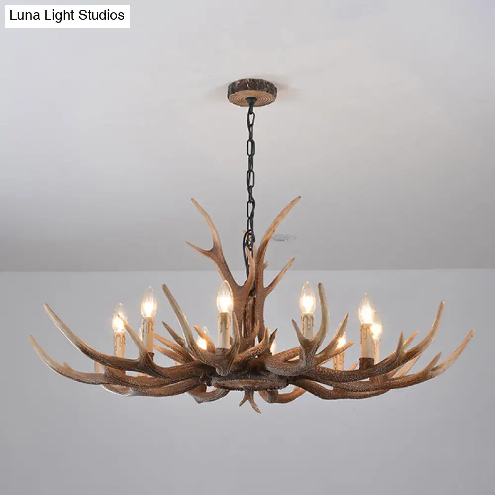 Rustic Brown Resin Antler Chandelier Ceiling Light With Candle Design - Authentic Look